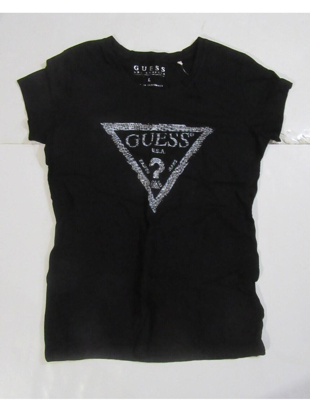 Guess Womens T-Shirt Jet Black with Silver Rhinestone Bling Logo Size Large